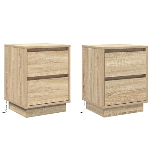 Nachttisch mit -Lichtern 2er-Set Sonoma Eiche - Holz Spanplatte, moderner Beistelltisch für Schlafzimmer, 39x34.5x50 cm von Eleganz