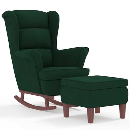Schaukelsessel mit Hocker – Dunkelgrüner Samt & Holzbeinen – Wohnzimmer-Schaukelstuhl für Entspannung – Moderner Designstuhl für Wohnung und Garten von Eleganz