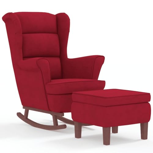 Schaukelsessel & Hocker mit Holzbeinen - Weinrot Samt, Lounge Sessel für Wohnzimmer & Balkon, Bequemer Schaukelstuhl mit Ottomane, Ideal für Entspannung & Wohnkomfort von Eleganz
