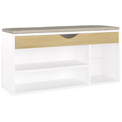 Schuhbank mit Kissen Weiß Sonoma-Eiche 104x30x49cm - Modernes Schuhregal aus Holzwerkstoff & MDF mit Polsterbezug (70% Polyester, 30% Baumwolle) - Ideal für kleine Wohnungen & Eingangsbereiche von Eleganz