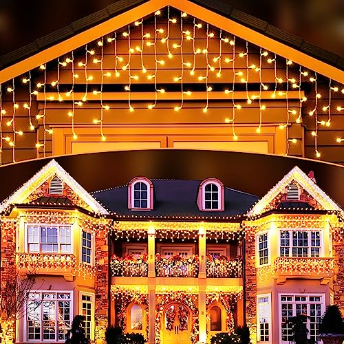Elegear 10M 400 LED Eisregen Lichterkette Außen, Erweiterbare Lichtervorhang mit Timer IP44 Warmweiß Eiszapfen Lichterkette Fenster 8 Modi Weihnachtsbeleuchtung für Weihnachtsdeko Traufe Garten Balkon von Elegear