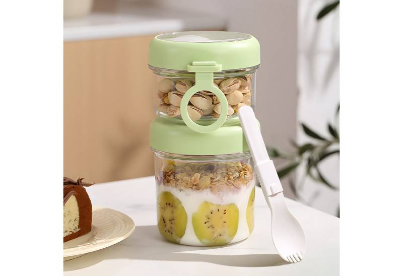 Elegear Aufbewahrungsbecher Zweischichtiger Oatmeal-Becher Mit Tragegriff Klapp-Löffel, 530+330ml, (2-tlg., 1 × zweischichtiger Oatmeal-Becher, 1 × klappbarer Esslöffel), Müsli-Becher Auslaufsicher, Mikrowellen- & Kühlschrankgeeignet, Grün von Elegear