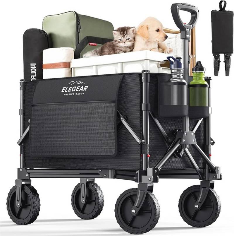Elegear Bollerwagen faltbar mit 17.5cm Reifen, Handwagen Tragfähigkeit von 100 kg (2-tlg), 120L Transportwagen mit verstellbarem Griff und 2 Becherhaltern von Elegear