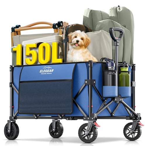 Elegear Bollerwagen Faltbar, 150L Beach Wagen 150KG Belastbar, 2xGetränkehalter 2xSeitentasche, 0,05m³ Faltgröße Transportwagen klappbar, PVC Reifen mit Bremsen, Handwagen Gartenwagen Strand Camping von Elegear