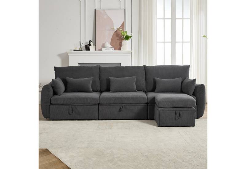 Elegear Ecksofa 3-Sitzer-Sektionssofa, 300x90x96 cm, mit Stauraum & Fußhocker, Grau, 1 Teile, Ecksofa inkl. 5 abnehmbaren Kissen – Ideal für modernes Wohnen von Elegear