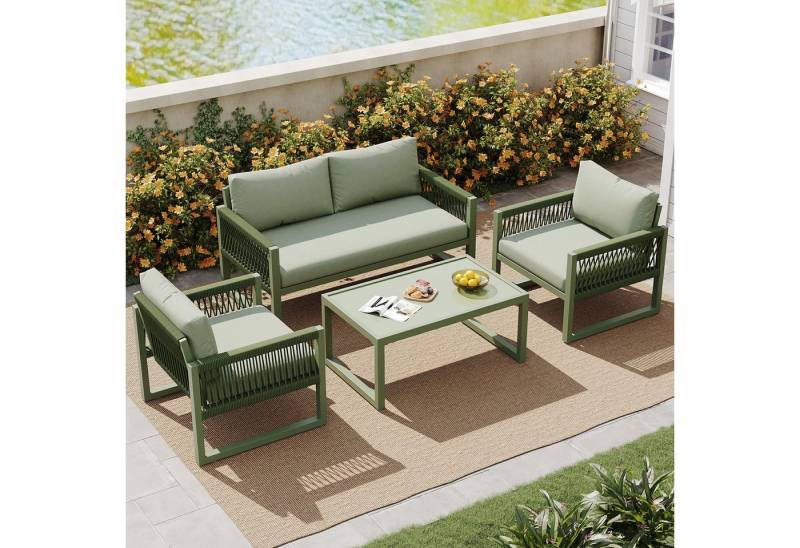 Elegear Gartenlounge-Set Gartenlounge-Set, Gartenmöbel-Set mit verzinktem Eisenrahmen, (Set, 4), Lounge-Set aus khakifarbenem Seil mit Sitzkisse, verstellbaren Füßen von Elegear