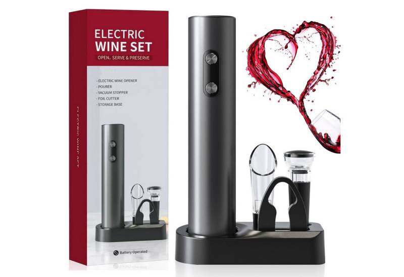 Elegear Korkenzieher Elektrischer Mini weinöffner, Kabelloser Automatischer Flaschenöffner, (Set, 2 tlg), 4-in-1 Weinöffner Geschenkset mit Folienschneider, Ausgießer & Stopfen von Elegear