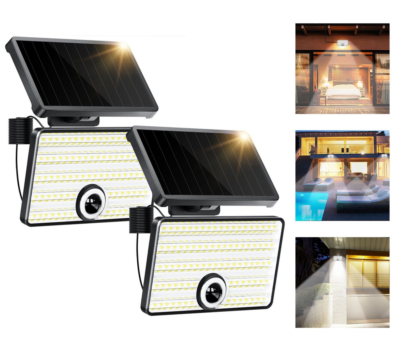 Elegear LED Gartenleuchte 2Pack 3000lm Solarleuchte mit Bewegungsmelder, 3 Modi, LED wechselbar, Kaltweiß, Tageslichtweiß, 2000 mAh, LED fest integriert, Batterie, Geteiltes Solarpanel, Wand von Elegear