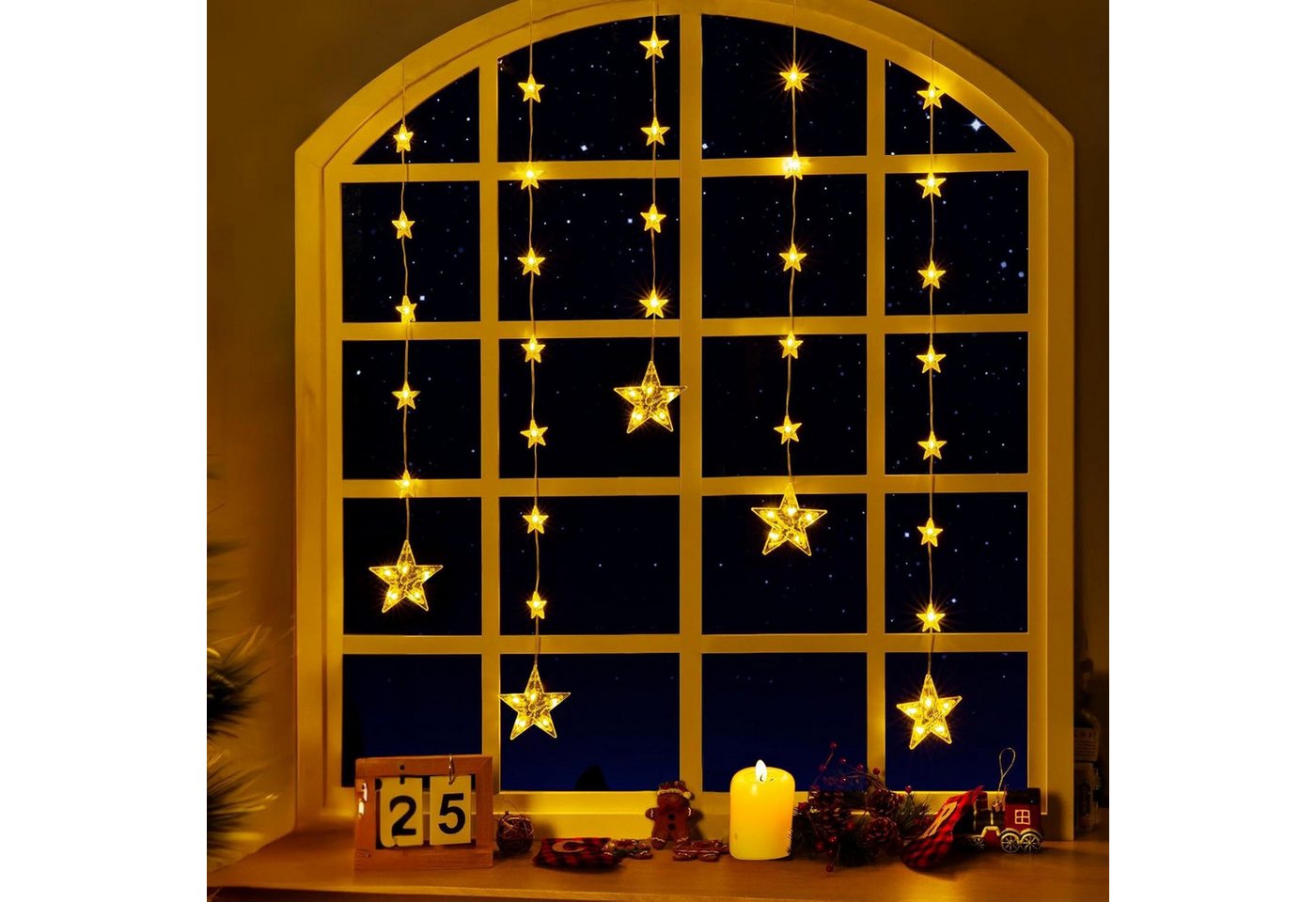 Elegear LED-Lichterkette 1.2m LED Lichtervorhang mit haken, Timer und Speicher, IP65, für fenster Weihnachtsbaum deko Innen/Außen mit 8 Modi von Elegear
