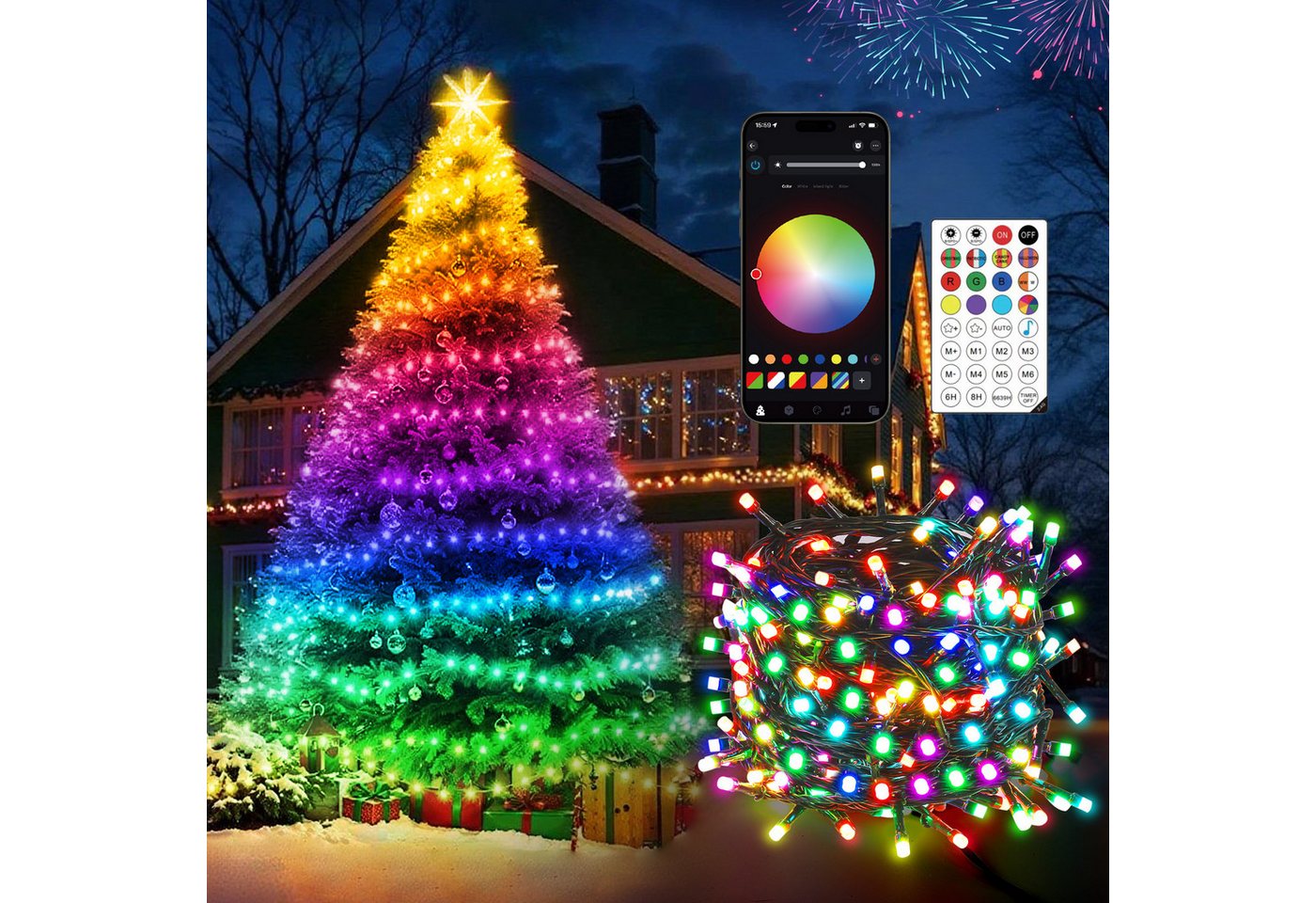 Elegear LED-Lichterkette 10-100M Lichterkette Weihnachtsdeko Innen/Außen mit Stecker, 8 Modi, RGB LED Lichterkette mit Timer Fernbedienung/App-Steuerung, DIY-Farben von Elegear