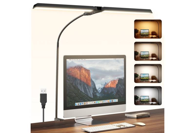 Elegear LED Schreibtischlampe LED Schreibtischlampe Dimmbar Doppelkopf klemmbar für Home Office, LED fest integriert, weißes Licht 5500-6000K warmes Licht 3200-3500K bernsteinfarbenes Licht 1200-1300K, 2835 LED-Lampenkugeln mit hoher Helligkeit,Energiesparen,Augenschutz von Elegear