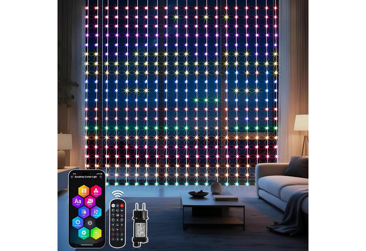 Elegear Lichterkette 2*2M/3*3M LED Lichtervorhang, Musik Sync, DIY Szenen,App/Fernbedienung, 60+ Modi, Smart LED Vorhang mit 400 RGB LEDs, DIY Lichtmuster, Außen von Elegear