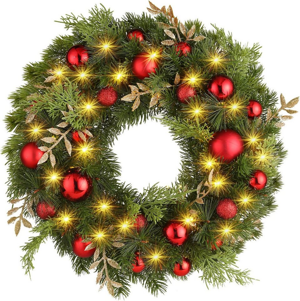 Elegear Lichterkette Weihnachtskranz 40cm, Türkranz Weihnachten mit 40 LEDs, Künstlicher Kranz mit roten Weihnachtskugeln von Elegear