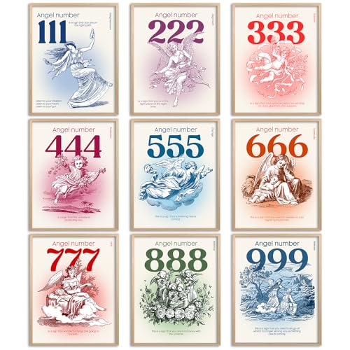 Elegend Engelszahlen Poster 9er Set - Wunderschön illustriert mit Engelsbildern und bedeutungsvollen Sequenzen in 20,3 x 25,4 cm Drucke auf Qualitätspapier, ungerahmt von Elegend