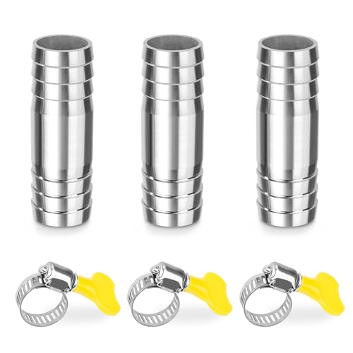 Edelstahl Schlauch Barb, 3 Stück 20mm Gerader Schlauchverbinder Adapter, 2 Wege Tüllenverbinder Schlauchanschluss mit Schlauchschellen für Kraftstoff, Luft, Wasserleitung von Elegrip