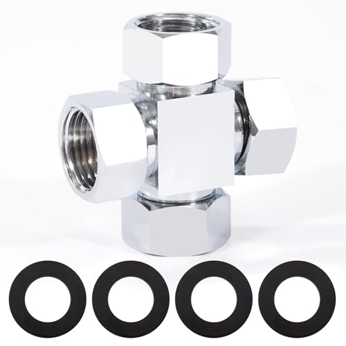 Messing 4 Wege Rohr Fitting G1/2" Messing Absperrventil Verteiler für Eckventile Umsteller, Fitting Adapter Poliertes Messing Verchromt für Toiletten Badezimmer Küche Waschbecken Bidet von Elegrip