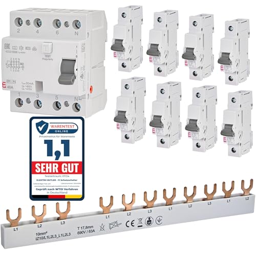 Elektroinstallation Profi-Set - 1 x FI Schutzschalter 40A 30mA 4-polig + 8 x Sicherungsautomat 16A 1-polig + 1 x Phasenschiene 3-polig 10mm² 63A von Elektro Butler