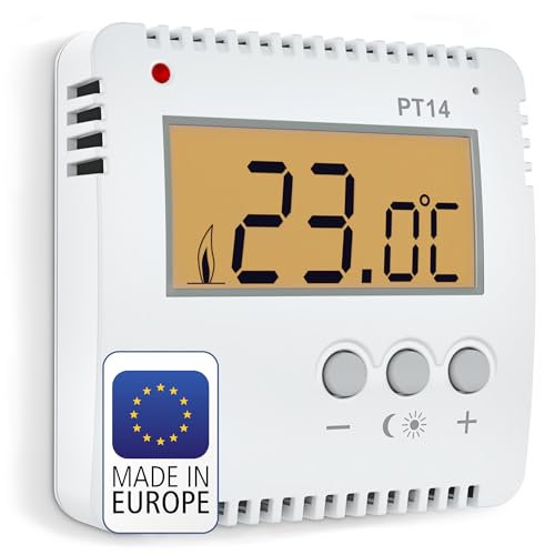 ELEKTROBOCK PT14 Digitaler Raumthermostat 230V | Ein Knopfdruck - Temperaturwechsel | kein programmieren notwendig | großes beleuchtetes LCD Display | Wandthermostat für elektrische Heizungen von Elektrobock
