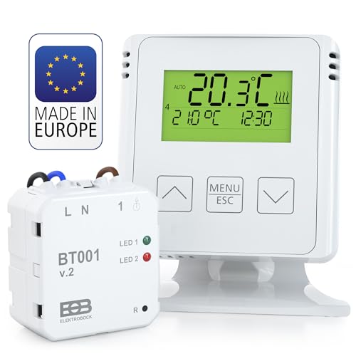 ELEKTROBOCK BT731 Funk-Raumthermostat mit Empfänger - Standfuß - Reichweite bis 35 m - Für elektrische Heizung und Infrarotheizung - Wochenprogramme und Frostschutz, Weiß von Elektrobock