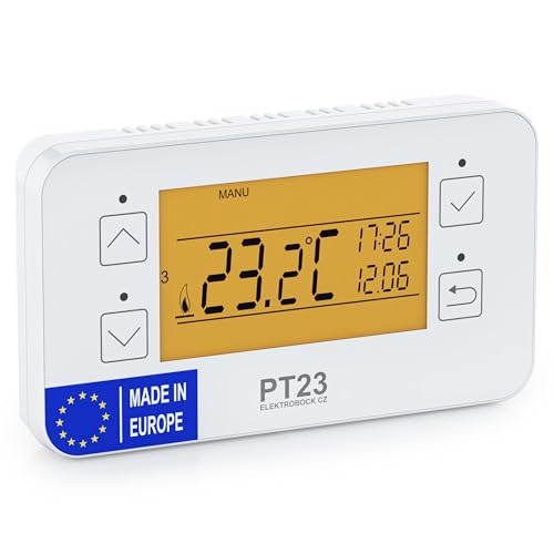 ELEKTROBOCK PT23 - Programmierbares Wandthermostat mit Touch-Tasten - 𝑳𝓐𝑵𝐆𝑳𝜠𝓑𝑰𝐆 - Großes beleuchtetes LCD Display - Wochenprogramm - Batteriebetrieben - Für alle Kesselarten geeignet von Elektrobock