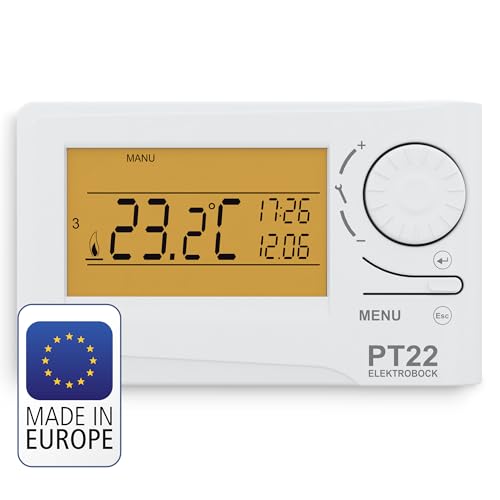 ELEKTROBOCK PT22 - Programmierbares Wandthermostat - Großes beleuchtetes LCD Display - 𝑳𝓐𝑵𝐆𝑳𝜠𝓑𝑰𝐆 - Einstellbares Wochenprogramm - Batteriebetrieb (2x AA) - Für alle Kesselarten geeignet ELEKTROBOCK PT22 - Programmierbares Wandthermostat - Großes beleuchtetes LCD Display - 𝑳𝓐𝑵𝐆𝑳𝜠𝓑𝑰𝐆 - Einstellbares Wochenprogramm - Batteriebetrieb (2x AA) - Für alle Kesselarten geeignet von Elektrobock