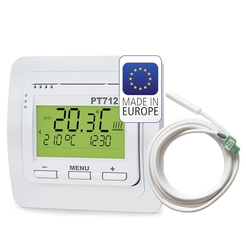 ELEKTROBOCK PT712-EI Raumthermostat 230V – Digitaler Thermostat für elektrische Fußbodenheizung – Wochenprogramm, LCD-Display, externer Fühler, Unterputzmontage von Elektrobock