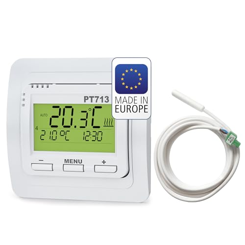 ELEKTROBOCK PT713-EI Digitaler Wandthermostat - 𝖵𝖤𝖱𝖡𝖱𝖠𝖴𝖢𝖧𝖲𝖡𝖤𝖱𝖤𝖢𝖧𝖭𝖴𝖭𝖦 - Programmierbar - LCD Display Beleuchtet - Externer Fühler inklusive - Elektrische Heizungen von Elektrobock