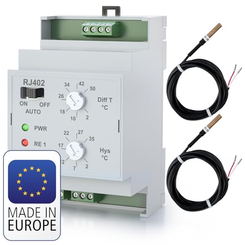 ELEKTROBOCK RJ402 Temperatur-Differenzschalter | 𝑳𝓐𝑵𝐆𝑳𝜠𝓑𝑰𝐆 | für Kreislaufpumpe und Solarsystem - DIN-Leiste - Mit 2 Externen Sensoren von Elektrobock