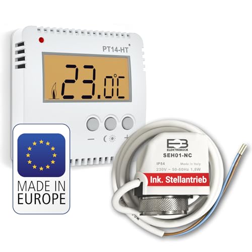 ELEKTROBOCK PT14-HT-SEH Raumthermostat + Stellantrieb NC Set - Kalkschutzsystem - Für Wasser-Fußbodenheizung - Kein Programmieren nötig - LCD Display mit Hintergrundbeleuchtung - PWM von Elektrobock