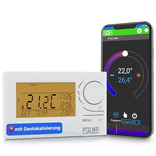 ELEKTROBOCK PT32 WiFi - Digitaler Raumthermostat mit Geolokalisierung - 𝑳𝓐𝑵𝐆𝑳𝜠𝓑𝑰𝐆 - Intelligentes programmierbares Wandthermostat mit App oder manuell - 9 Wochenprogramme, Weiß von Elektrobock