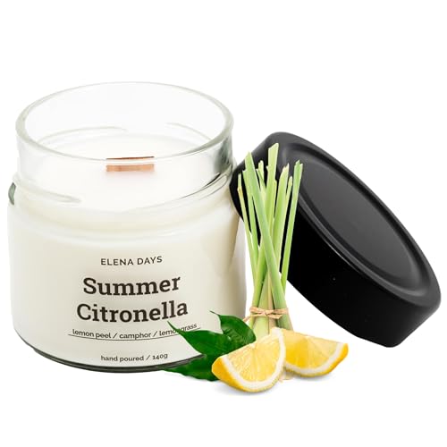 Duftkerze Summer Citronella, Citronella duft, 100% Sojawachskerze, Kerze mit Holzdocht, 140 gramm, Brenndauer 45 Stunden, stark duftend, nachhaltige kerze, kerze im glas, Elena Days Duftkerze Summer Citronella, Citronella duft, 100% Sojawachskerze, Kerze mit Holzdocht, 140 gramm, Brenndauer 45 Stunden, stark duftend, nachhaltige kerze, kerze im glas, Elena Days von Elena Days