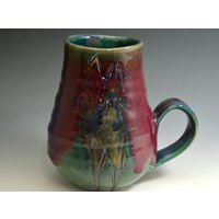 Extra Große Grün Rot Und Lila Kaffeetasse, 22 G. Tasse, Handgemachte Keramiktasse, Keramik Kaffeetasse Mit Figuren von ElenaMadureri
