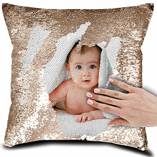 Eletizy Personalisiertes Bild, magischer Wende-Kissenbezug, DIY-Design, Paillettenbilder, Fotos, einseitig Bedruckt, Haustierliebhaber, Familienfoto-Kissenbezug, 40 x 40 cm (nur Bezug) (Champagner) von Eletizy