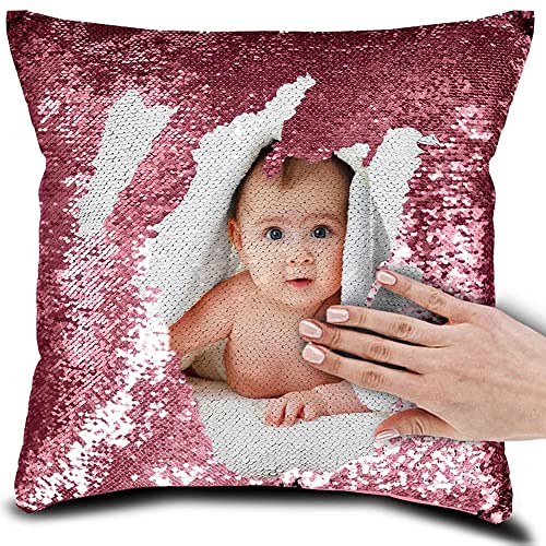 Eletizy Personalisiertes Bild, magischer Wende-Kissenbezug, DIY-Design, Paillettenbilder, Fotos, einseitig Bedruckt, Haustierliebhaber, Familienfoto-Kissenbezug, 40 x 40 cm (nur Bezug) (Rosa) von Eletizy