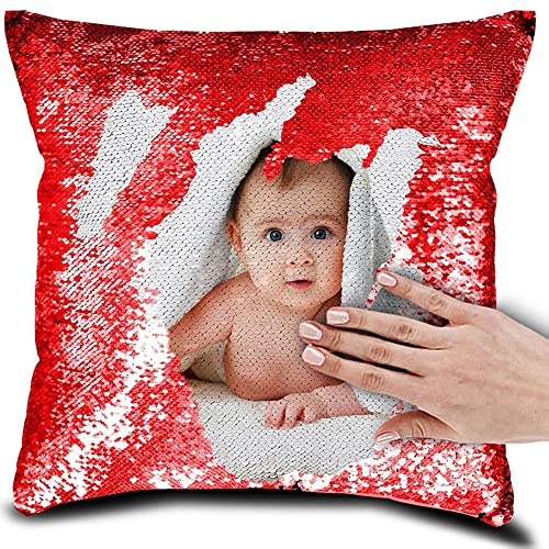 Eletizy Personalisiertes Bild, magischer Wende-Kissenbezug, DIY-Design, Paillettenbilder, Fotos, einseitig Bedruckt, Haustierliebhaber, Familienfoto-Kissenbezug, 40 x 40 cm (nur Bezug) (Rot) von Eletizy