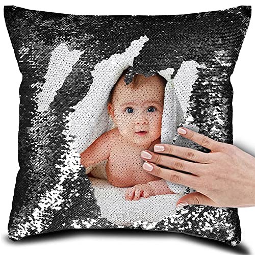 Eletizy Personalisiertes Bild, magischer Wende-Kissenbezug, DIY-Design, Paillettenbilder, Fotos, einseitig Bedruckt, Haustierliebhaber, Familienfoto-Kissenbezug, 40 x 40 cm (nur Bezug) (Schwarz) von Eletizy