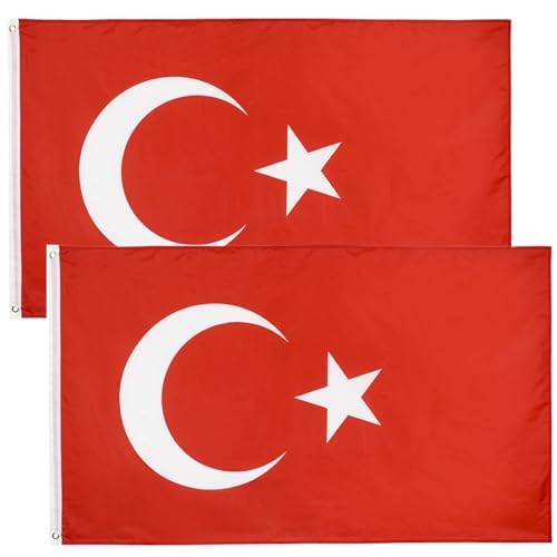 ElevaPulse 2 Stück Türkei Flagge Neu 90 X 150 Cm, Flagge Türkei| Wetterfeste Türkische Flagge Mit Messing-Ösen, Türkei Fahne, Kräftige Farben, Digitaldruck, Polyester, für Garten Innen- Außenbereich von ElevaPulse