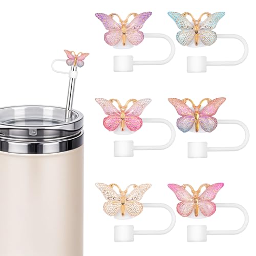 ElevateTech 6 Stück Strohhalm Abdeckungen Schmetterlings Strohhalmaufsätze 10 Mm 0,39 Zoll Wiederverwendbare Strohhalmabdeckungen Bunte Schmetterlingskappen Für 40 Oz 30 Oz Geschenk Frauen Mädchen von ElevateTech