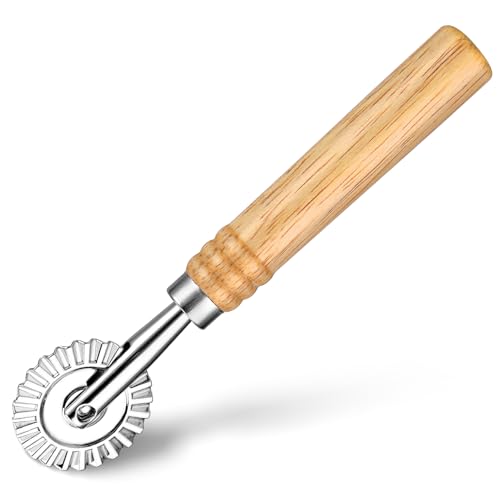 ElevateTech Raviolischneider langer Holzgriff Nudel- und Teigrad geriffelter Rand tragbar Teigtaschenform Keksform geeignet für Küche und Haushalt (Silber, 16 cm) von ElevateTech