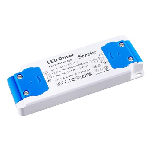 Elezenioc LED Transformator 12V 15W, Ultra dünn LED Trafo 230V auf 12V LED Transformator 1.25A, AC/DC Konstantspannungs Netzteil für LED Lampen Nicht Dimmba für G4 MR16 MR11(Blue-12v-15W) von Elezenioc