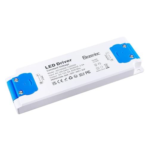 Elezenioc LED Transformator 12V 60W, Ultra dünn Trafo 230V auf 12V Transformator 5A, AC/DC Konstantspannungs Netzteil für Lampen Nicht Dimmba für G4 MR16 MR11 LED Strips(Blue-12v-60W) von Elezenioc
