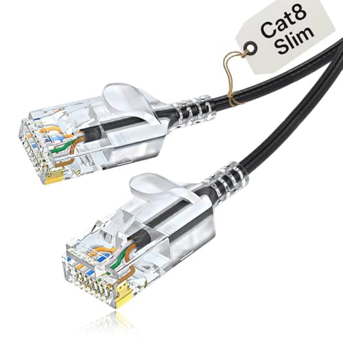 Elfcam® - 20m Slim Cat 8 Ethernet Cable, LAN WAN Cable, Cat 8 SFTP 32AWG, 2000Mhz 40Gbps mit RJ45 Steckern, Schwarz Rund (20M) von Elfcam