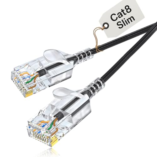 Elfcam® - 2m Slim Cat 8 Ethernet Cable, LAN WAN Cable, Cat 8 SFTP 32AWG, 2000Mhz 40Gbps mit RJ45 Steckern, Schwarz Rund (2M) von Elfcam
