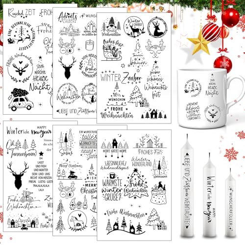 Elfinfi Rub on Sticker, 6 Stück Kerzentattoos Weihnachten, Rub on Sticker Weihnachten, DIY Deko Rub on Sticker Keraflott Geeignet für Weihnachtliche Innendekoration Kerzen, Möbel, Fenster, Gläser von Elfinfi