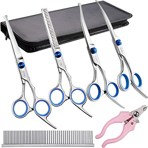 Elfirly Professionelle Hundepflege Schere Kit Edelstahl Runde Spitze Schneiden Ausdünnung Gebogene Schere Kämmen Pet Hair Trimming Schere Set mit extra Hund Nagelknipser für Hunde und Katzen von Elfirly