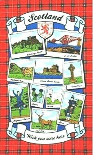 Schottland Wish You Were Here Tee Handtuch rot Tartan Landmarks Szenen Souvenir Geschenk Baumwolle Edinburgh Eilean Castle Forth Bridge Dudelsack Highland Fling von Elgate