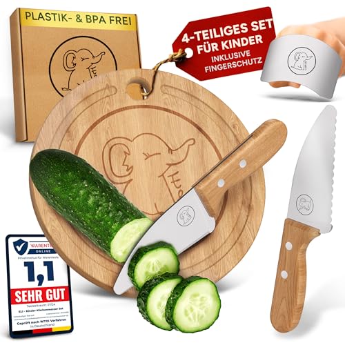 Eli® Kindermesser - kindersicheres hochwertiges 4 teiliges Kinder Küchenmesser Set inkl. Fingerschutz - Schneidebrett - Schneidemesser - rostfreier Edelstahl - Griffe aus Buchenholz von Eli