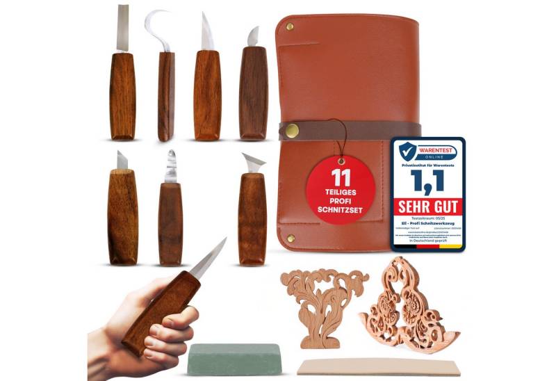 Eli Beitelsatz Schnitzwerkzeug Set - Holzwerkzeug - Schnitzset - Holzbearbeitung, (Profi - Set, 11-tlg., Perfekt für Handwerker - Holzliebhaber), rostfreier Stahl - hochwertige Walnussholzgriffe - Beidhändig von Eli