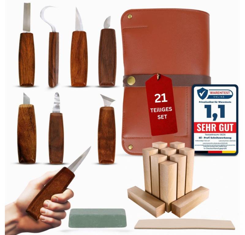 Eli Beitelsatz Schnitzwerkzeug Set - Holzwerkzeug - Schnitzset - Holzbearbeitung, (Profi - Set, 21-tlg., Perfekt für Handwerker - Holzliebhaber), rostfreier Stahl - hochwertige Walnussholzgriffe - Beidhändig von Eli