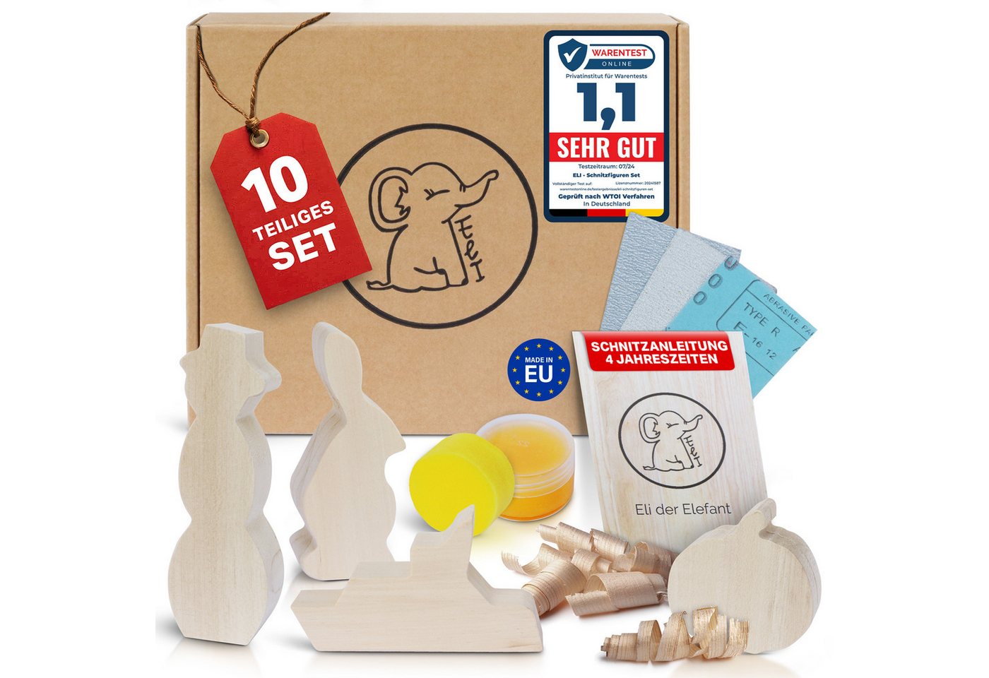 Eli Kantholz Schnitzfiguren zum Schnitzen inkl. Schnitzanleitung für Kinder, (Schnitzholz Linde - Bastelholz - Holzwerken - Holz Rohlinge 10-tlg), Lindenholz - Bastelset - Schnitzrohlinge für Anfänger von Eli